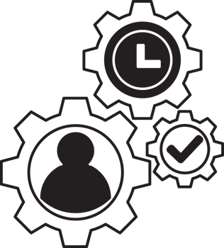 black clock and gears icon with a person in the middle png