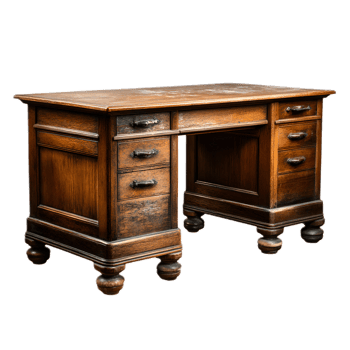 A beautifully crafted traditional wooden desk with multiple drawers offering ample storage and a timeless elegant design png