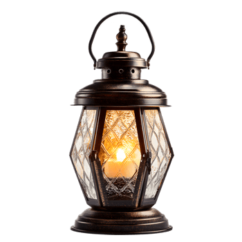 Antique style ornate metal and glass lantern lamp with a warm glowing candle flame creating a cozy and inviting ambiance png