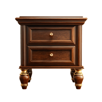 Elegant traditional wooden nightstand with decorative carved details and two functional drawers perfect for a classic bedroom interior png