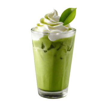 A refreshing and creamy iced matcha green tea beverage garnished with a dollop of whipped cream and a fresh mint leaf offering a luxurious and indulgent experience png