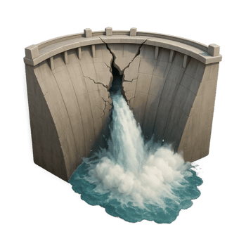 Cracked Dam with Water Release and Splashes in a Dramatic Scene png