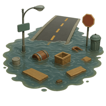 Scene of Floating Debris in a Flooded Urban Environment png