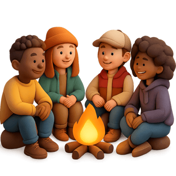 Colorful 3D Characters Gathered Around a Campfire in a Cozy Setting png