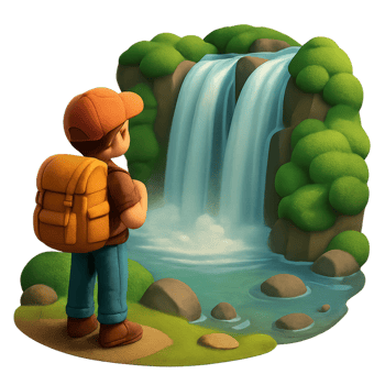 Tourist admiring a beautiful waterfall in a serene landscape png