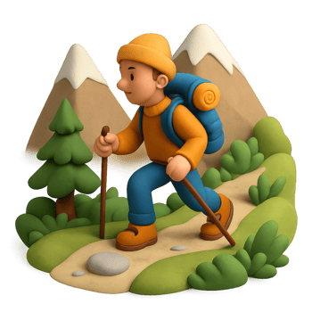 Cheerful Hiker Climbing Mountain Trail in Bright 3D Animation Style png