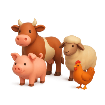 Colorful 3D Cartoon Animals Including Cow, Pig, Sheep, and Chicken png