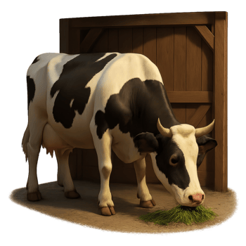 Realistic 3D Cow in Barn Environment Eating Grass png