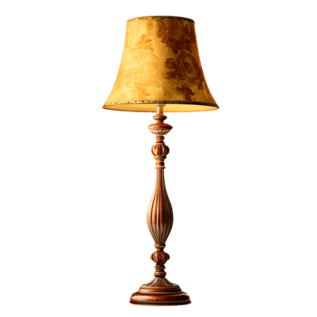 A classic ornately designed wooden table lamp with a warm textured shade creating a cozy and sophisticated ambiance in any interior space png