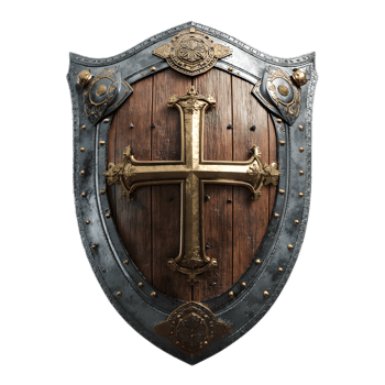 Detailed view of an elaborately designed medieval shield featuring a prominent cross symbol representing the chivalry and Christian heritage of the era png