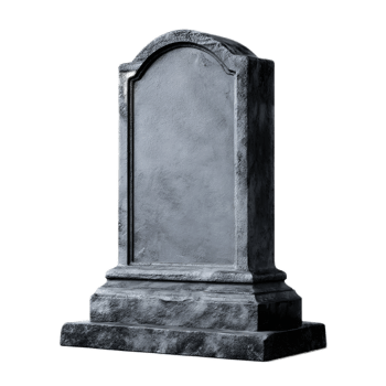 A weathered gray tombstone with an ornate carved design stands as a solemn memorial in a peaceful cemetery setting png