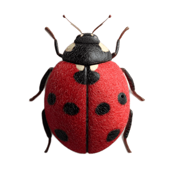 Detailed close up view of a life like three dimensional red ladybug with a black spotted shell and intricate anatomical features png