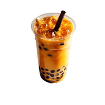 Vibrant glass of chilled boba tea filled with sweet tapioca pearls garnished with a straw and ready to be savored png