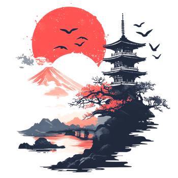japanese landscape with pagoda and birds png