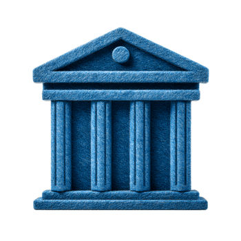 A detailed 3D rendering of a classic bank building icon created using a soft textured felt material in a deep blue color png