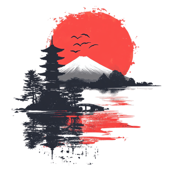 Red Sun, Pagoda, Mountain Asian Art png