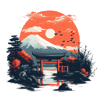 Serene Asian Landscape Gate, Mountain, Sun png