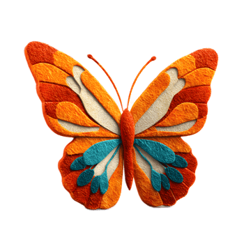 A beautifully crafted butterfly sculpture made from vibrant and textured felt material featuring intricate geometric patterns and a captivating color palette png