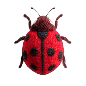 A felt ladybug insect with a vibrant red body and distinctive black spots showcasing intricate textural details png