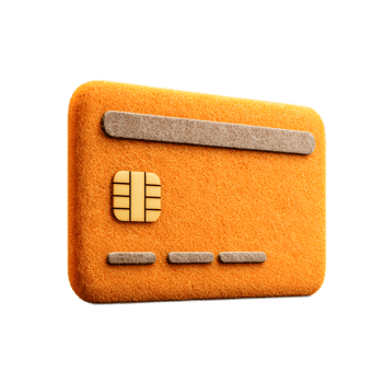 A 3D rendering of a stylized credit card icon created using a warm orange colored felt material conveying a tactile and textured aesthetic png