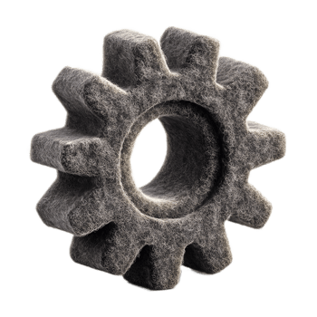 Three dimensional digital rendering of a gray felt gear or cog icon symbolizing industrial settings adjustments and the mechanical process of a technological system png