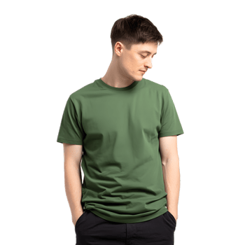 Portrait of a young adult male wearing a simple green shirt looking directly at the with a serious contemplative expression png