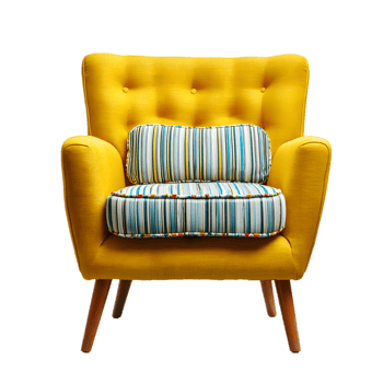 A stylish and comfortable yellow accent chair with a tufted backrest and striped patterned cushion featuring a modern yet timeless midcentury inspired design png