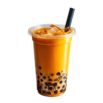 A tall clear plastic cup filled with a vibrant orange hued iced boba tea topped with a layer of frothy milk foam and chewy black tapioca pearls png