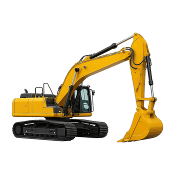 Yellow excavator side view isolated on transparent background, png