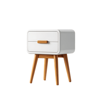 A minimalist contemporary white and wood nightstand with a single drawer perfect for bedside storage and decor in a modern bedroom png