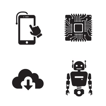 Technological icons depicting mobile touchscreen computer chip cloud download and robot vector