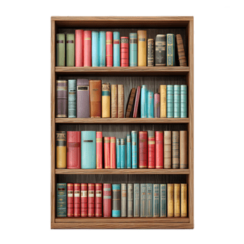 A well organized wooden bookshelf displaying a diverse collection of books ranging from textbooks and reference materials to works of fiction and nonfiction png