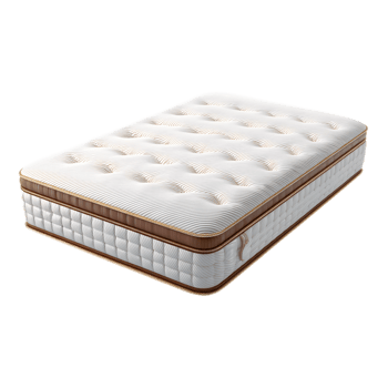 A sleek modern mattress with a tufted plush surface is presented in a pristine minimalist setting showcasing its comfort and style png