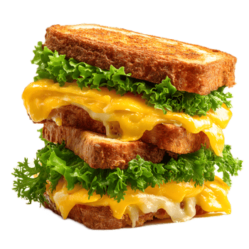 A stacked sandwich featuring crisp golden brown bread melted cheese and a layer of crunchy vibrant lettuce a classic and satisfying lunch or snack option png