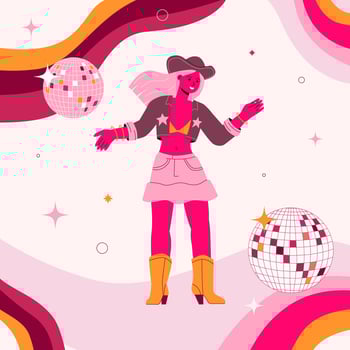 Cute dancing cowgirls on a background of disco balls and pink waves. A funky print for a bachelorette, party. vector