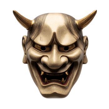 A striking and dramatic portrayal of a traditional Japanese oni demon mask featuring an intense and foreboding expression with bold metallic gold features and sharp horned details png