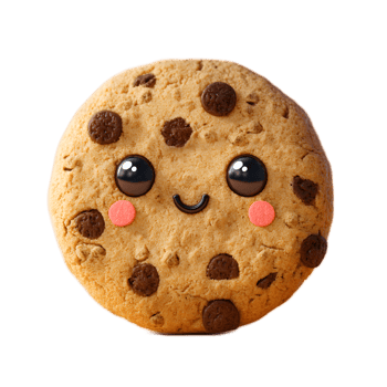 A warm homemade chocolate chip cookie with a cheerful endearing face made of chocolate chips and a sweet smile inviting you to indulge in this delicious comforting treat png
