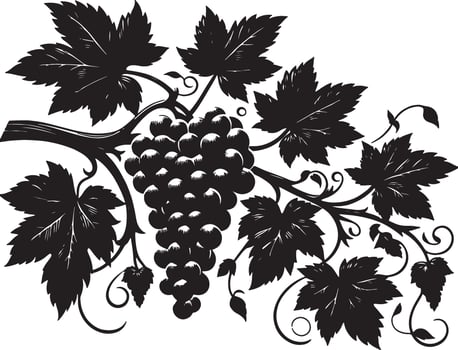 Illustration of a bunch of grapes hanging from a vine with leaves in black and white vector
