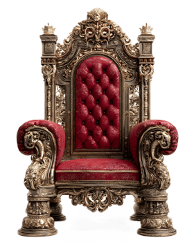 A majestic gilded throne with detailed rococo inspired carvings and a luxurious red velvet tufted seat exuding an air of grandeur and regal elegance png