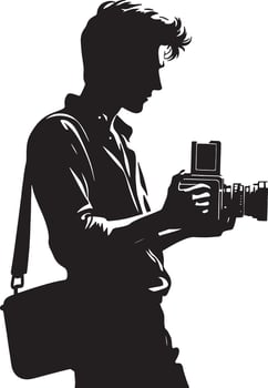 Silhouette of a man holding a camera with a bag slung over his shoulder in profile vector