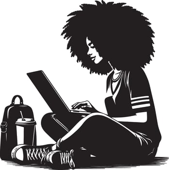 A woman with afro sitting cross legged using a laptop with backpack and sneakers near vector