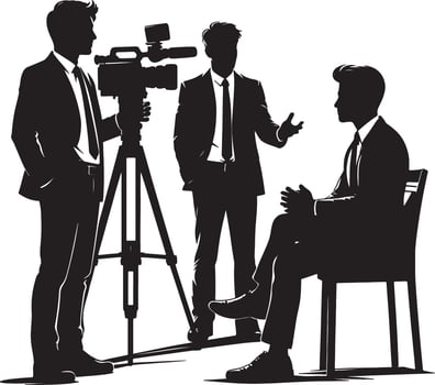 Silhouette of interview setup with cameraman interviewer and interviewee in studio vector