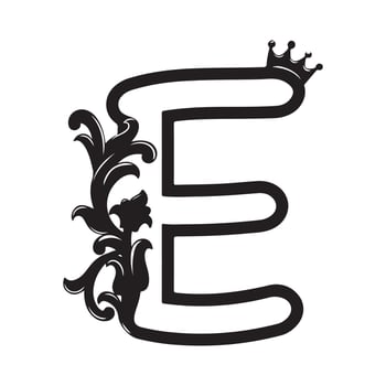 illustration of a black and white alphabet letter E E vintage floral ornament vector