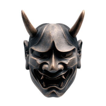 Ornate and detailed wooden mask inspired by traditional Japanese Noh theater or legendary Oni demons featuring an intense sinister and ominous expression png