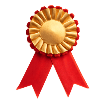 Ornate red and gold award ribbon with a decorative sunburst pattern symbolizing prestigious achievement and recognition png