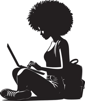 Silhouette of a woman with afro sitting cross legged using laptop with backpack near her vector