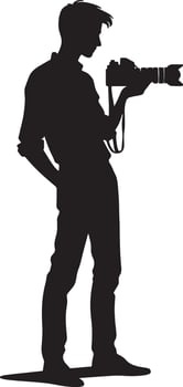 Silhouette of a man standing with a camera in his hand against a white background vector