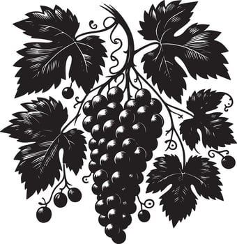 A monochrome illustration of a grape vine with leaves and a bunch of grapes hanging vector