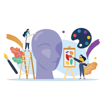 Art class scene with miniature people. png