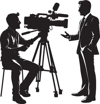 Silhouette of a cameraman filming an interview with a man in a suit on a white background vector